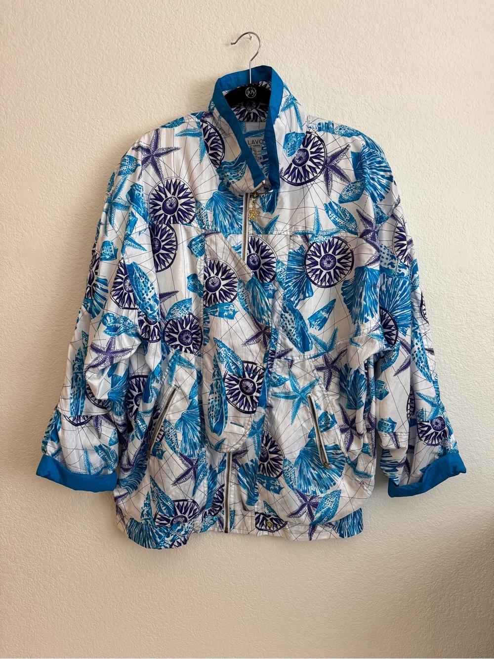 Lavon Vintage Nautical Blue & White Printed Windbreaker